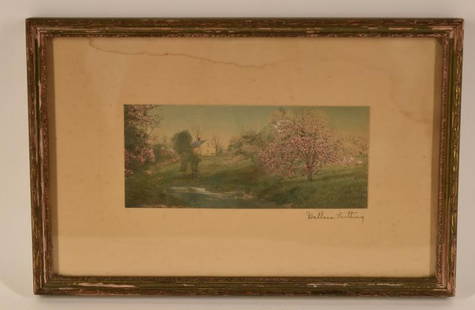 Wallace Nutting Signed Cherry Tree Landscape: Featuring A Small Wallace Nutting Signed Colored Photo Of A Cottage With A Cherry Or Apple Tree. Measuring 12" X 8" Frame And 6.75" X 3" Sight. There Is Water Stains Along The Top Of The Photo.