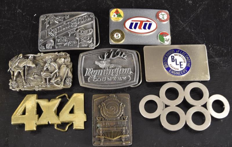 Group Of Vintage Men's Belt Buckles: Featuring Eight Different Belt Buckles Of Trains, Remington, Arroyo Grande Buckle Co., Indiana Buckle Craft And Two Train Engineer Buckles