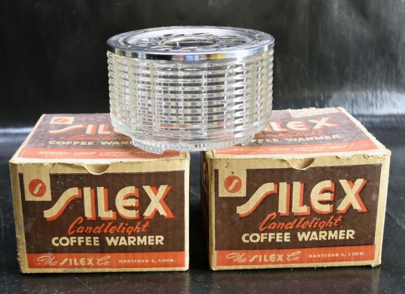 Three Silex Art Deco Coffee Warmers: Two Original Silex Candlelight Coffee Warmers In The Original Box And One Without A Box. All In Good Condition.