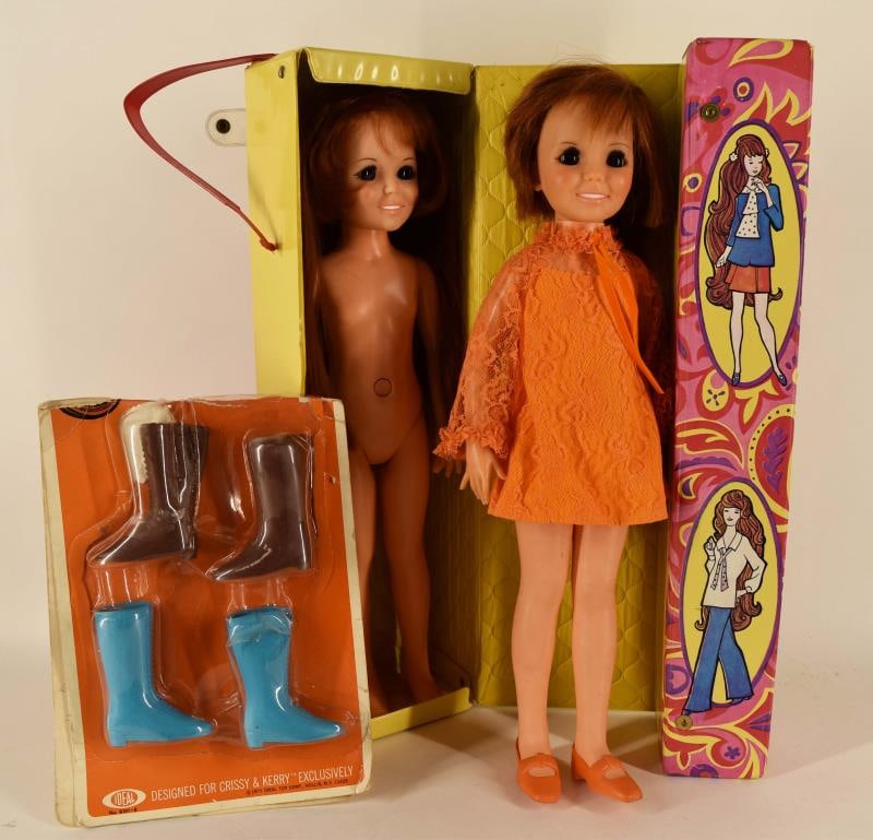 Two Crissy Dolls With Tote And Boots: Featuring Two Crissy Dolls Measuring 18" Tall With Carrying Case And Two Pair Of Boots. Condition Good On All Items