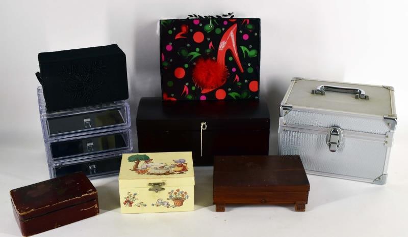 Group Of Jewelry & Decorative Boxes: Featuring A Group Of Cloth Decorative Boxes, Acrylic Jewelry Boxes, Musical Jewelry Box, Metal Carrying Case Jewelry Box And More.