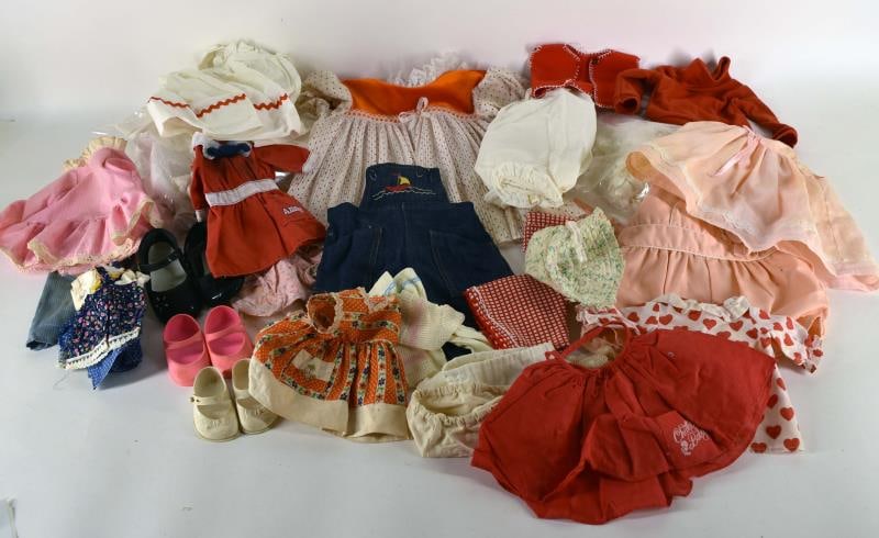 Group Of Vintage Doll Clothing: Featuring Shoes, Socks, Dresses, Pants, Romper, Bridal Gowns, Etc.