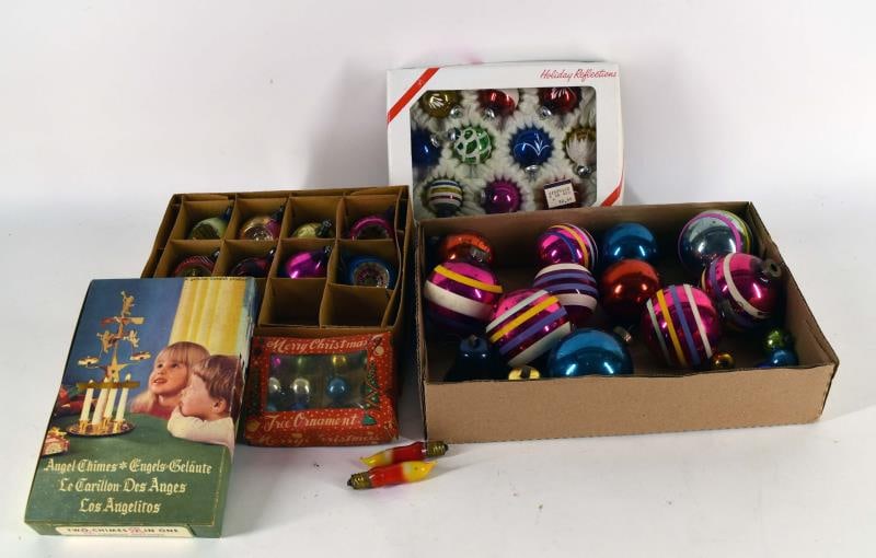 Group Of Vintage Mercury Glass Christmas Ornaments: Featuring Vintage Mercury Glass And Antique Mercury Glass Ornaments And A Swedish Angel Candle Chime. Along With Two Flame Painted Christmas Lights.