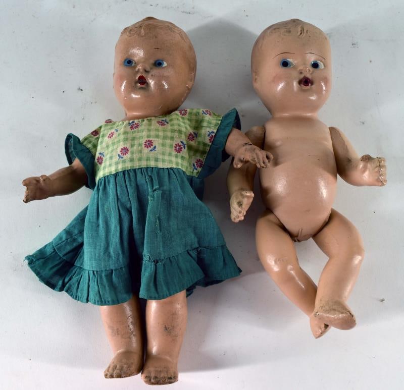 Two Early Composition Molded Hair Dolls (1 of 4)