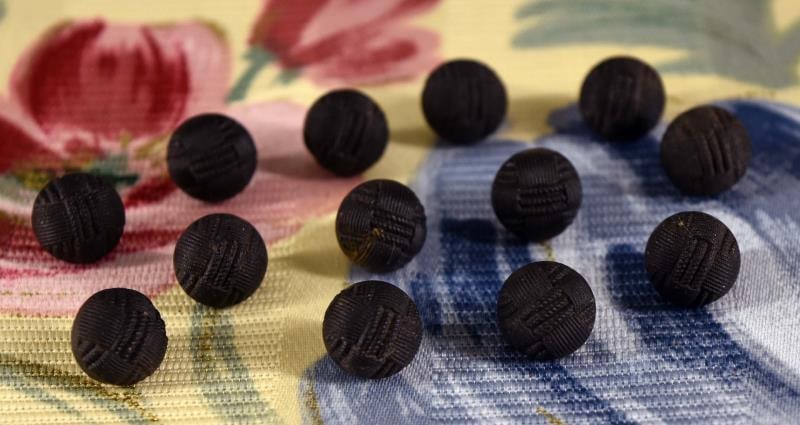 Thirteen Black Glass Shoe Buttons: Featuring Thirteen Black Glass Shoe Buttons. National Button Society Smalls, Measuring 1/4"