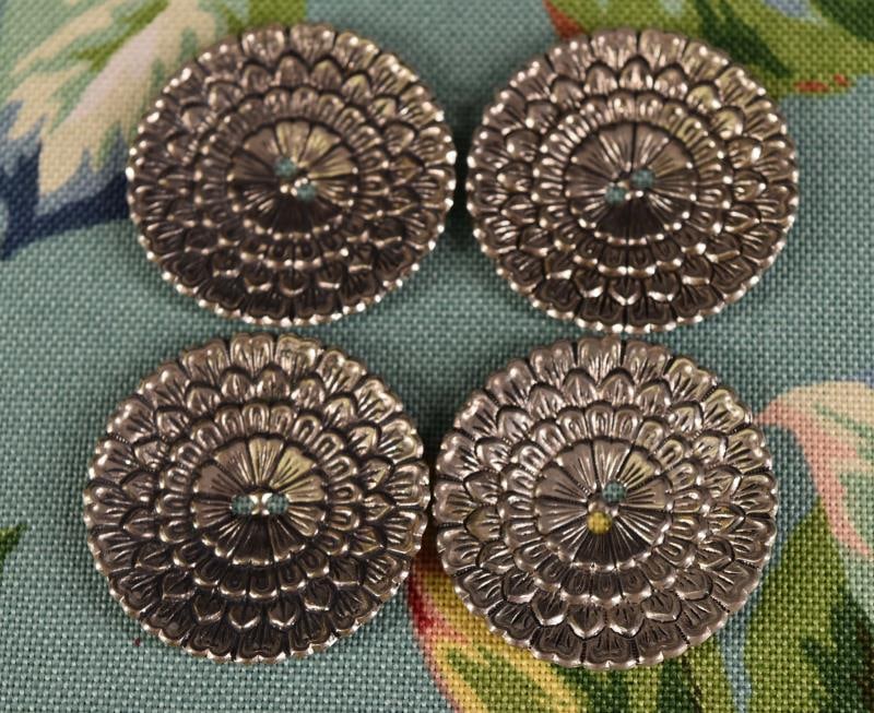 Four White Metal Floral Buttons: Featuring Four White Metal Wafer Style Buttons With A Floral Design. National Buttons Society Large, Measuring 1.5".