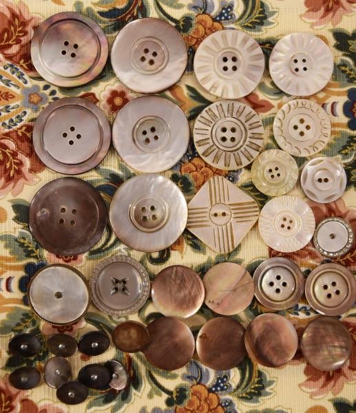 Carved Mother Of Pearl & Abalone Buttons: Featuring A Group Of Mother Of Pearl And Abalone Buttons With Carvings And Wafer Style. Measuring Between .5" To 1.5". National Button Society Small, Medium And Large.
