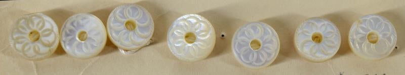 Seven Carved Mother Of Pearl Whistle Buttons: Featuring A Set Of Seven Matching Carved Mother Of Pearl Whistle Buttons, Measuring Just Over 3/8", National Button Society Small.