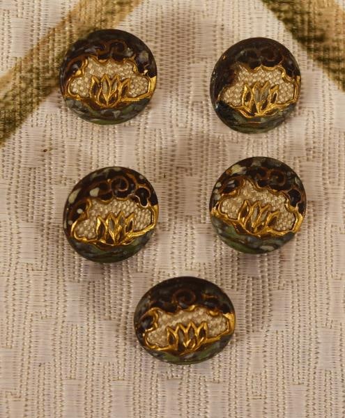 Set Of Five Matching Lily Pad Enamel Buttons: Featuring A Set Of Five Lily Pad Enamel Buttons Measuring 1/2", National Button Society Small.
