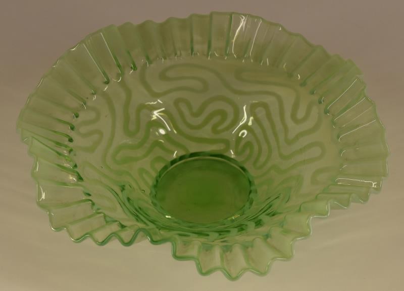 Jefferson Glass Swirling Maze Bowl: Featuring A Green Opalescent Bowl With Fluted Edge Measuring 3 1/4" Tall X 9 1/4" Wide. Condition Is Good With No Chips, Nicks Or Cracks.