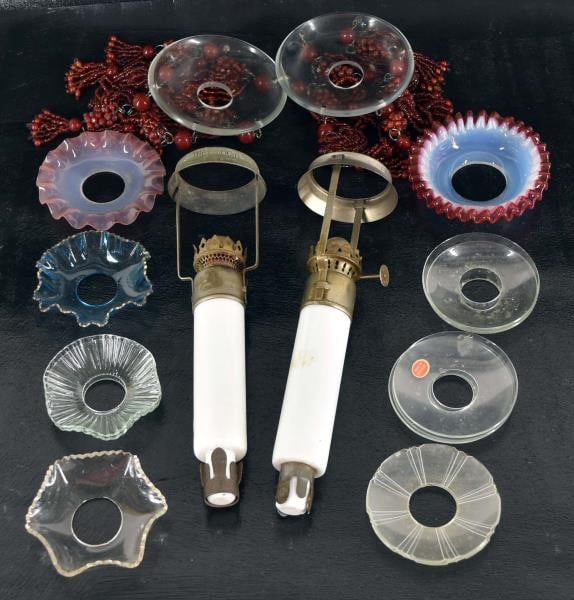 Bobeches & Oil Lamp Candlesticks: Featuring The Antique Oil Lamp Candlesticks With Shade Holder, Marked The Twilight, Measuring 8 1/2" Long. Both Are In Good Condition, No Nicks, Chips Or Cracks. Together With A Variety Of Bobeches Fo