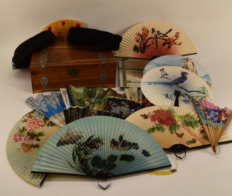 Dresser Tray And Fans: Featuring A Group Consisting Of Fans, Dresser Tray And Hats. Along With A Cedar Jewelry Box With Lock.