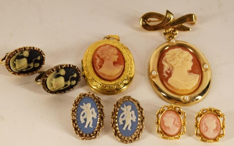 Vintage Cameo Earrings & Pin: Featuring A Group Of Three Pairs Of Cameo Pierced Earrings, Cameo Pin And A Cameo Locket Pendant. No Hallmarks.