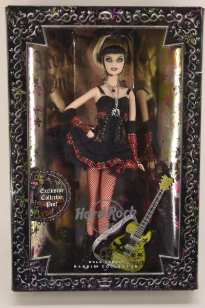 2008 Barbie Doll Hard Rock Cafe: Featuring The Barbie 2008 - Hard Rock Cafe Barbie Doll With Collector Pin Gold Label, In The Original Box.