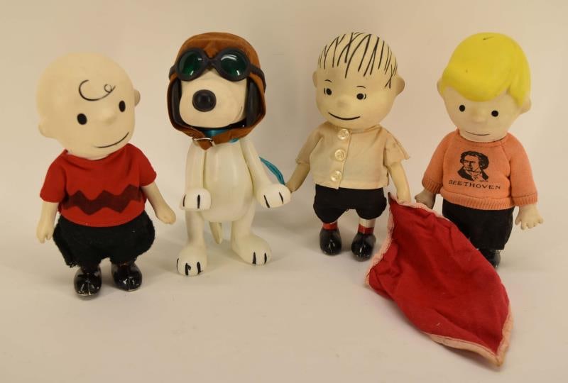 1960's Snoopy Charlie Brown Peanuts Figures: Featuring Four Vintage 1960's Charlie Brown Figures, Snoopy, Charlie Brown, Pig Pen And Schroeder. All Marked 1966 Rubber Dolls 7" Tall.