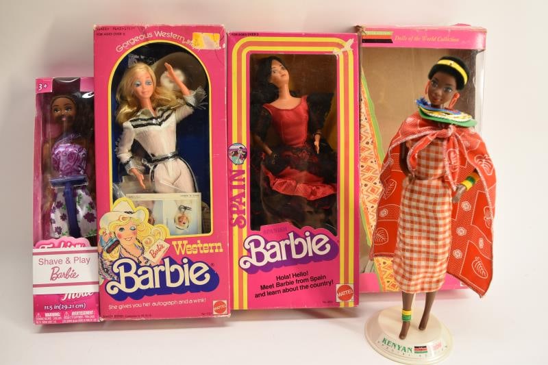 Four Vintage Barbie Dolls: Featuring Western Barbie, Mexico Barbie, Kenya Barbie & Shave & Play Barbie. All In Original Box But Have Been Opened.