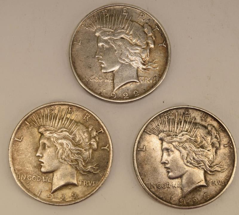 Three U. S. Peace Silver Dollars (1 of 4)
