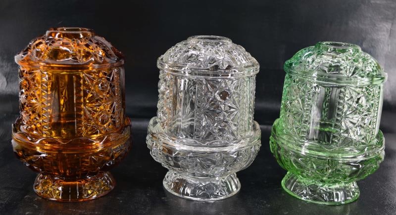 Three Indiana Glass Stars And Bars Fairy Lamps: Featuring An Amber, Green And Clear Fairy Lamp By Indiana Glass In The Stars And Bars Pattern. All In Good Condition, No Nicks, Chips Or Cracks.