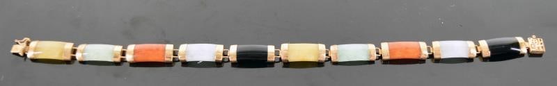 10k Yellow Gold & Jade Bracelet: Featuring A 10k Yellow Gold Bracelet With Links Of Jade, Onyx, Carnelian, White Jade And A Yellow Jade? Measuring 7 1/4" Long And 1/4" Wide. Good Condition. 10.3g