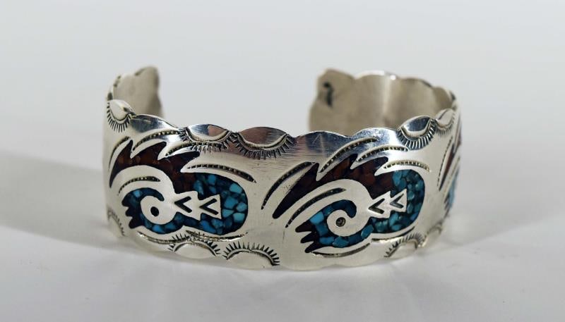 Native American Inlaid Navajo Bird Bangle: Featuring An Inlaid Turquoise And Coral Phoenix Bangle Bracelet, Measuring 1" Wide And 2" Across The Center With A 1 1/2" Opening. Marked With An X3, Tested Silver But Purity Unknown.