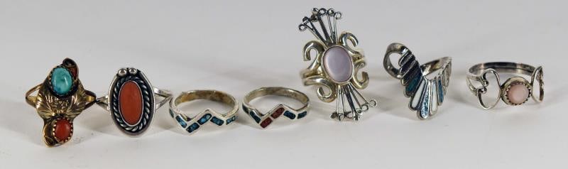 Seven Silver Inlaid Native America Rings (1 of 4)