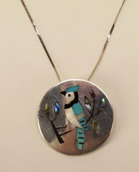 S. C. Edaakie Zuni Native American Pendant: Featuring A Signed S. C. Edaakie Zuni Native American Blue Jay Pendant Or Pin. The Pendant Measures Just Over 1" Across And The Sterling Silver Chain Measures 29".
