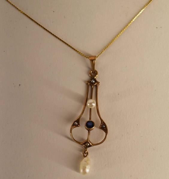 14k & 10k Yellow Gold Victorian Lavaliere: Featuring A 10k Yellow Gold Lavaliere Pendant With Cultured Pearl And Sapphire On A 14k Yellow Gold Chain. The Lavaliere Is Unmarked But Test 10k With Acid. The 14k Chain Is Marked 14k And Tested 14k.