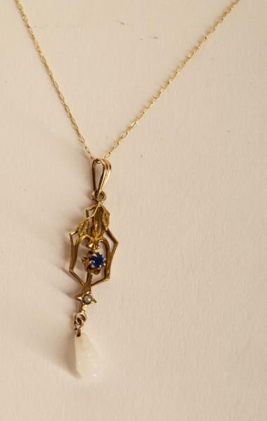 10k Yellow Gold Victorian Lavaliere: Featuring A 10k Yellow Gold Victorian Lavaliere With A Cultured Pearl And Blue Glass On A 14k Yellow Gold Chain. The Chain Measures 16" Long And The Lavaliere Is 1.5" Long, 1.1g. Lavaliere Acid Tested