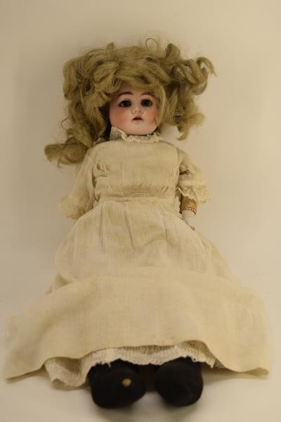 Heuback Koppelsdorf Bisque Head Doll: Featuring The Ernest Heuback Bisque Head Doll, With A Soft Leather Body, Bisque Hands, Sleepy Eyes, Showing Teeth, Measuring 16". Hallmarked With The Horseshoe Mark.