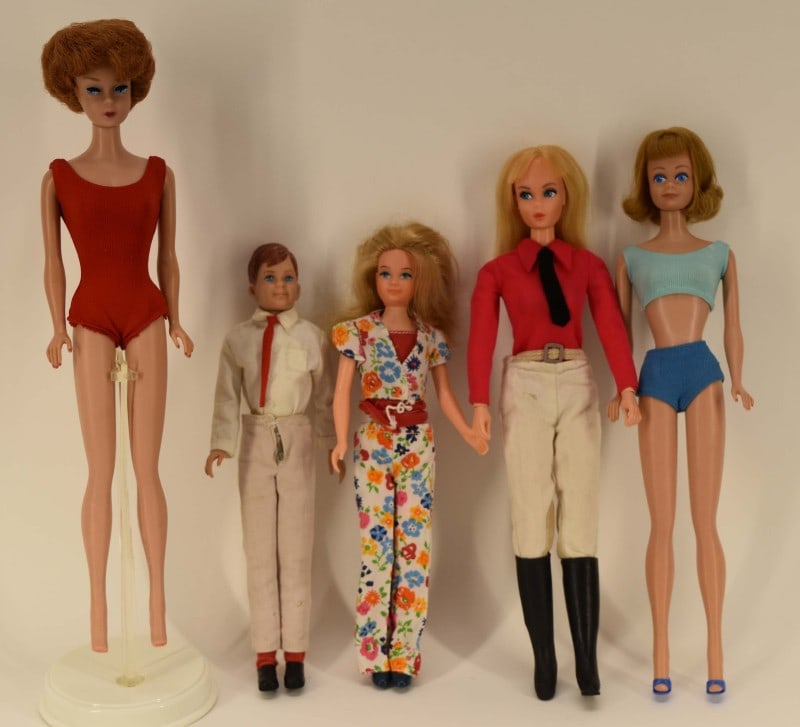 Group Of Vintage Barbie Character Dolls: Featuring Barbie's Ricky, Skipper, Midge And Equestrian Barbie. The Red Swimsuit Midge Is Missing Shoes, Equestrian Barbie Is Missing Helmet. All Are In Good Condition.