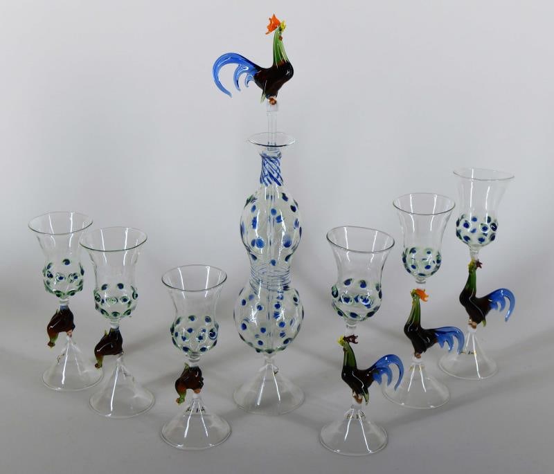 Jean Boutz Mid Century Cordial Set: Featuring A Jean Boutz Decanter And Six Glasses. The Decanter Measures 14" Tall With The Rooster Stopper/stir, Each Glass Measures 6 1/2" & 7 1/2". There Are Three Rooster And Three Hens, All Hens Are