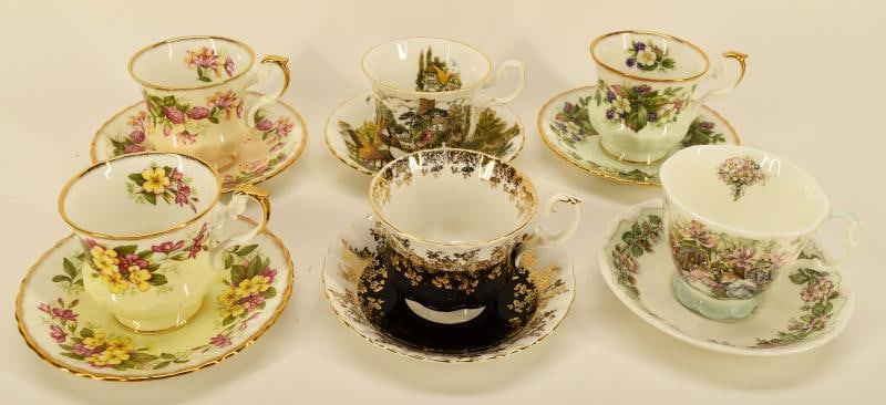 Six English Tea Cups And Saucers: Featuring A Group Of Six Different English Tea Cups And Saucers Made By Royal Albert, Royal Dover And Royal Doulton. All Are In Good Condition, No Nicks, Chips Or Cracks.