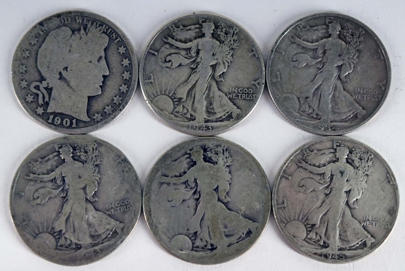 1901 Barber Half & 5 Walking Liberty Half Dollars (1 of 2)