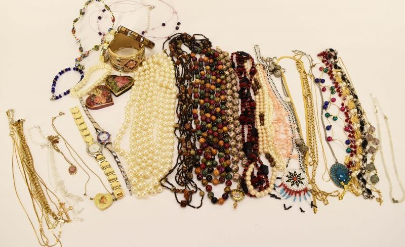 Collection Of Contemporary Costume Jewelry: Featuring A Group Of Contemporary Costume Jewelry Comprising, Bracelets, Watches, Chains, Painted Heart Pendants, Pink Coral Necklace, Faux Pearl Necklaces And A Pink Rose Cloisonne Necklace.