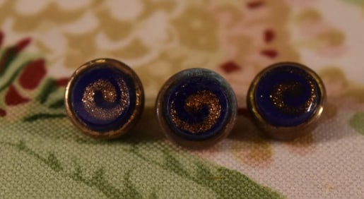 Three Blue Glass & Goldstone Dimi Buttons