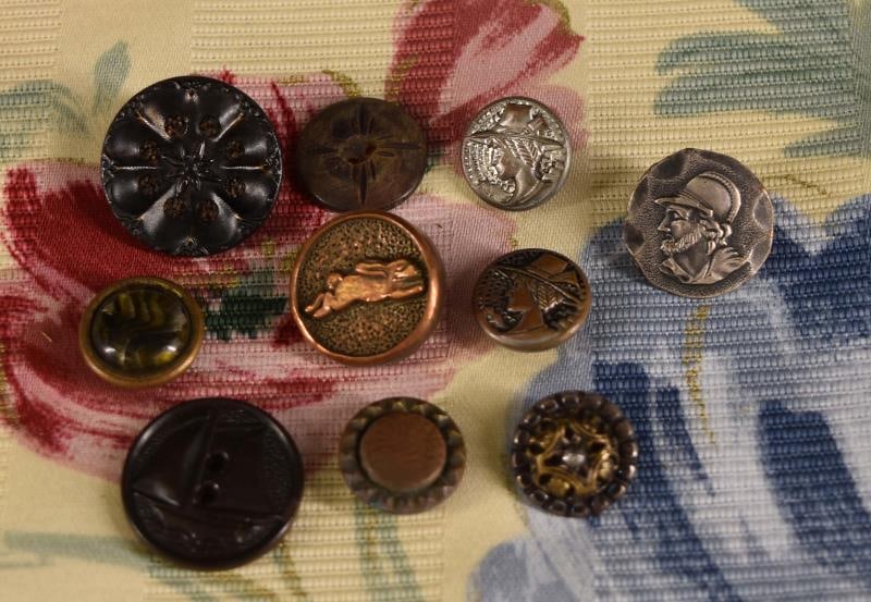Mixed Material Picture And Pattern Buttons: Featuring Two White Metal Lady With Hat Portrait, White Greek Soldier Button, Sail Boat, Rabbit, Celluloid And Pattern Buttons. National Button Society Small And Medium, Measuring Between .25" To 1".