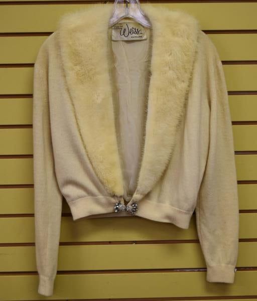 Cashmete Cardigan Sweater With Fox Fur Collar: Featuring A Vintage 1950's Hadley Cashmere Cardigan Sweater With Fox Fur Collar. Approximate Bust 44", Missing Several Rhinestones In The Clasp And A Stain On One Of The Wrist Cuffs. No Holes Or Tears