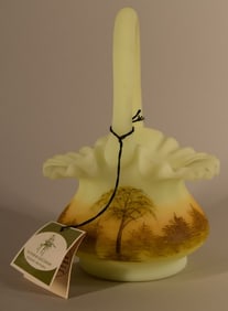 Fenton Satin Custard Glass Log Cabin Basket