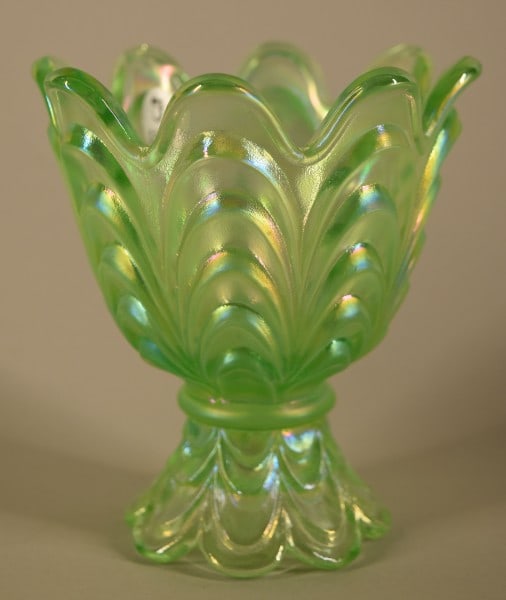 Fenton Glass Votive Drapery Green Carnival: Featuring The Fenton Glass Votive In The Drapery Pattern Of Green Carnival Glass. Measuring 4 1/2" Tall And 4" Across, In Good Condition.