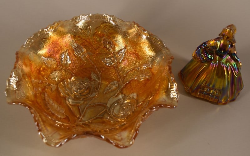 Vintage Imperial Rose Carnival Glass Bowl: Featuring The Imperial Rose Carnival Glass Bowl In Marigold. Measuring 3 1/2" Tall And 9" Across, Good Condition. Together With The Wheaton Marigold Carnival Glass Southern Belle Figure, Measuring 5"
