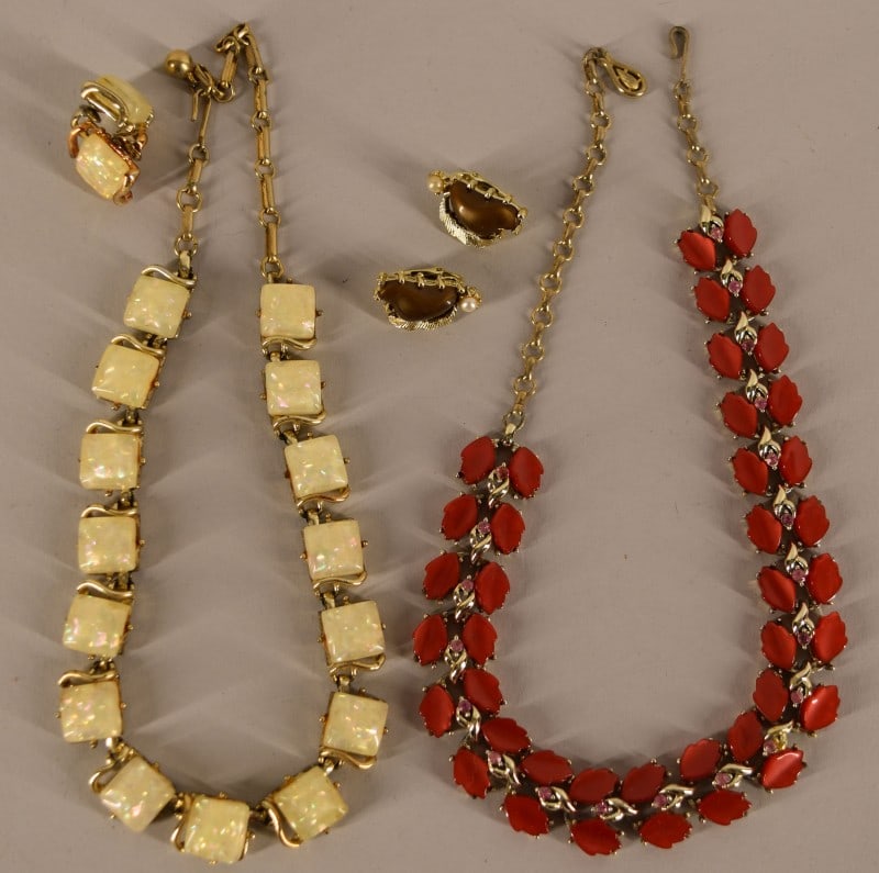Vintage Coro Jewelry: Featuring A Red Acrylic Necklace, A Set Of Yellow Acrylic Necklace And Earring And A Pair Of Earrings. All Marked Coro.