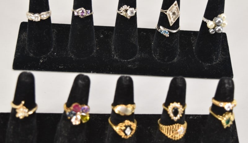 Fourteen Contemporary Fashion Rings: Featuring Fourteen Various Rings, Several Sterling And Several Semi-precious Stones, Most Are Glass Or Faux Pearl.