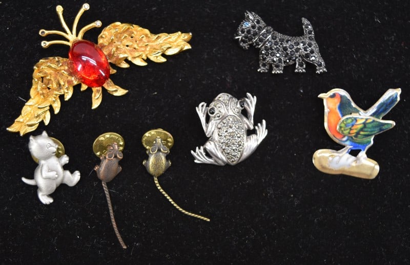 Frog, Birds, Scotty Dog Pins Or Brooches: Featuring Frogs, Scotty Dog, Birds And Mice Pins And Pin Backs. The Frog Is Sterling And Marcasite.