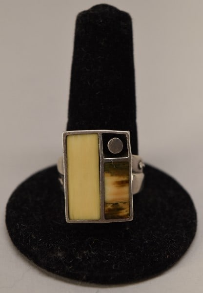 Sterling & Bone Ring: Featuring An Unusual Sterling Silver & Bone Or Horn Ring, Size 10 3/4, Marked Sterling But Not A Makers Mark.