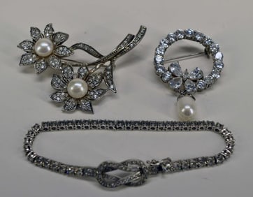 Sterling Silver & Rhinestone Pin & Bracelet