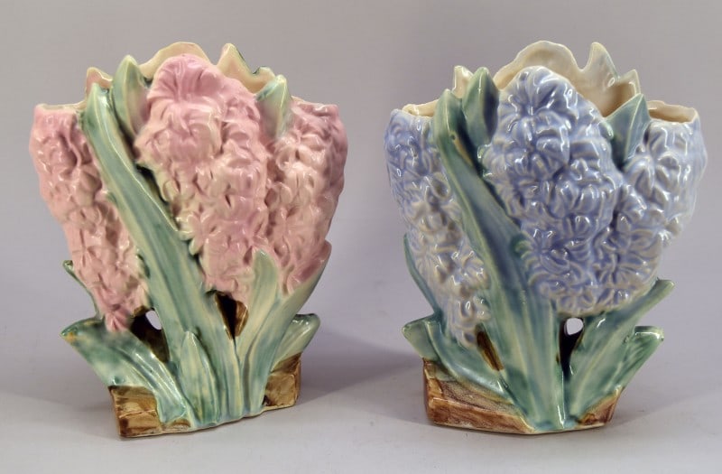 Two Mc Coy Hyacinth Pink & Lavendar Vases: Featuring A Pink & Lavender Hyacinth Mc Coy Vases. Measuring 8 1/2" Tall And 7" Across, Both Are In Good Condition, No Nicks, Chips Or Cracks. Normal Wear.