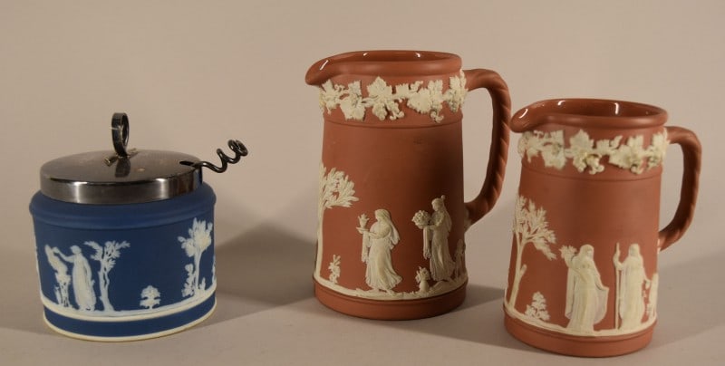 Wedgwood Terracotta & Blue Jasperware: Featuring The Wedgwood Blue Jasperware Jam Jelly Jar, Measuring 4" Tall. Together With Two Terracotta White Relief Pitchers All The Pieces Are In Good Condition, No Nicks, Chips Or Cracks.