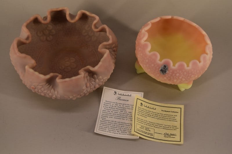 Fenton Burmese Orange Tree Rose Bowl & Bowl: Featuring The Fenton Burmese Glass Orange Tree Pattern Rose Bowl And Bowl. The Bowl Has The Orange Tree Design On The Outside And Cherry Chain On The Inside. The Bowl Measures 3 1/2" Tall And 7" Acros