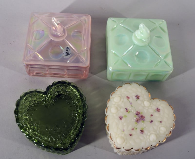 Four Fenton Trinket Or Powder Boxes: Featuring Square And Heart Shaped Fenton Boxes, All Marked Fenton. Measuring Between 1 1/2" To 3" Tall And 4" Long. All Are In Good Condition, No Nicks, Chips Or Cracks.