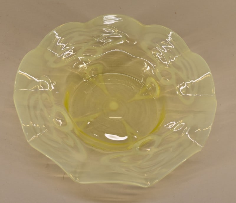 Hand Made Uranium Glass Vaseline Opalescent Bowl: Featuring A Ruffled Edge Crimped Vaseline Opalescent Bowl, Hand Made With A Smooth Pontil. Measuring 1 1/2" Tall And 9" Across, Glows Green Under Blacklight, In Excellent Condition, No Nicks, Chips Or